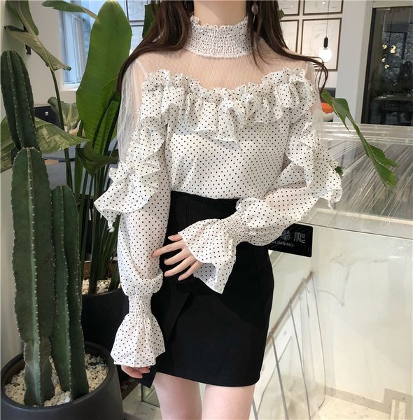 

litfun spring fashion mesh patchwork polka dot blouse women 2018 retro ruffles long flare sleeve off shoulder shirt, White