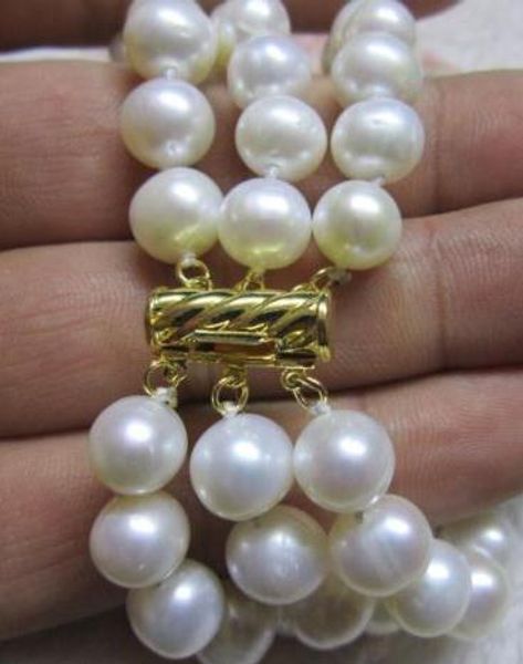 

charming three rows 9-10mm south sea white pearl bracelet 14k yellow golden cla, Black