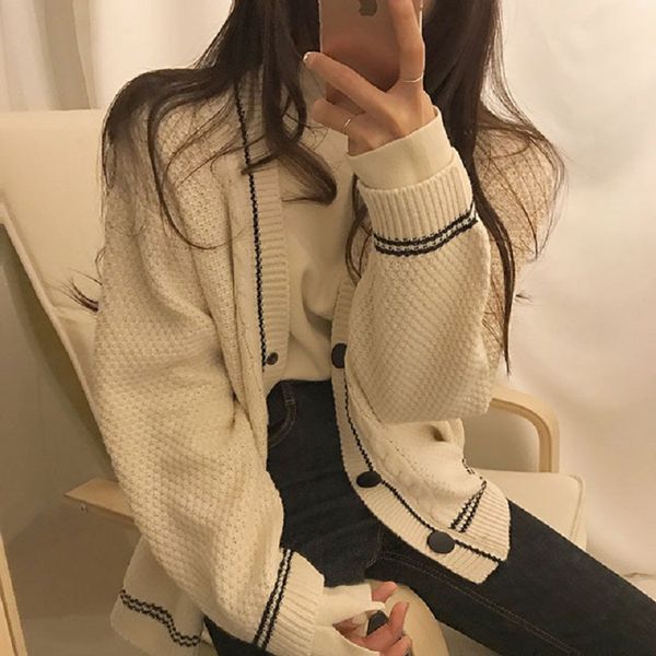 

autumn and winter new college wind color stripes v-neck loose sweater cardigan women, White;black