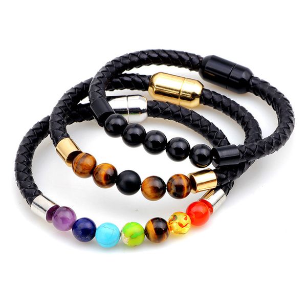 BRACCIALE CHAKRA VERE PIETRE NATURALI E CUOIO UNISEX UOMO DONNA ARCOBALENO