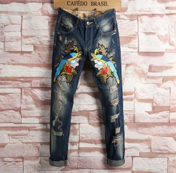 

embroidery floral tiger bird print design mens ripped jeans slim denim pencil pants hommes blue straight biker jeans long trousers