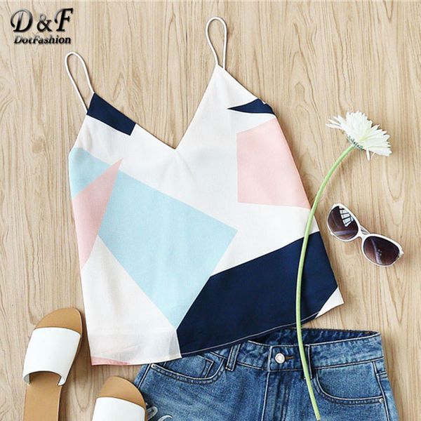 

dotfashion womans mixed print cami 2017 summer spaghetti strap v neck camisole colorblock with lining casual vests, White