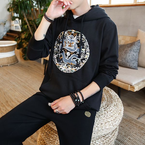

dekusi china wind 2018 new product dragon embroidery suit men sweatshirt male selling casual long pants pullover set, Gray