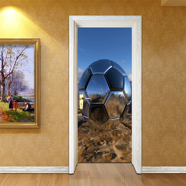 Creative 3d Vivid Iron Football Door Sticker Vinyl Decals Kids Room Personalized Wall Mural Art Living Room Bedroom Soccer Home Decoration Home Wall
