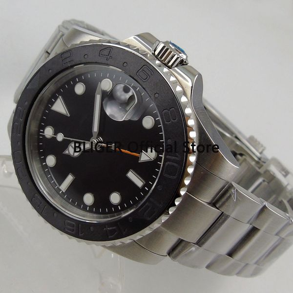 

sapphire glass 40mm bliger black sterile dial ceramic bezel orange gmt pointer stainless band automatic movement men's watch p88, Slivery;brown