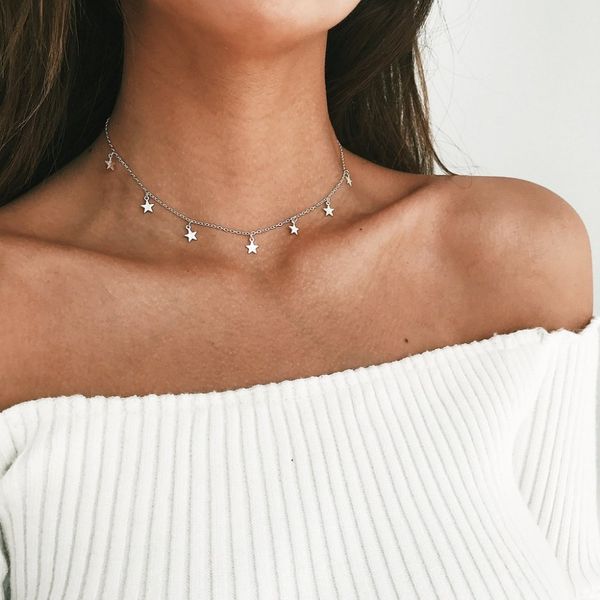

boho chocker золотой цвет цепи кисточкой звезда колье ожерелье для женщин ожерелья подвески воротник gargantilha collier femme, Silver
