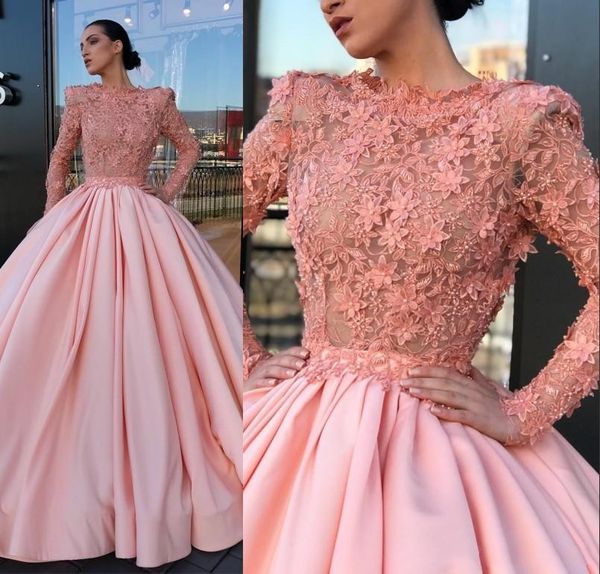 

vintage long sleeves pink arabic dubai evening dresses formal ball gowns sheer appliques pearls pageant celebrity gowns prom dress, Black;red