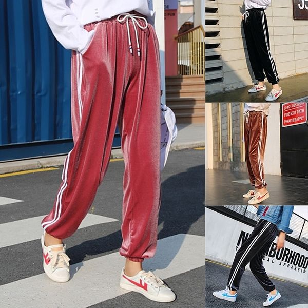 

promotion women fashion velvet pant loose elasticity waist trousers joggers sport pant with white lines casual sweatpants high quality, Black;white