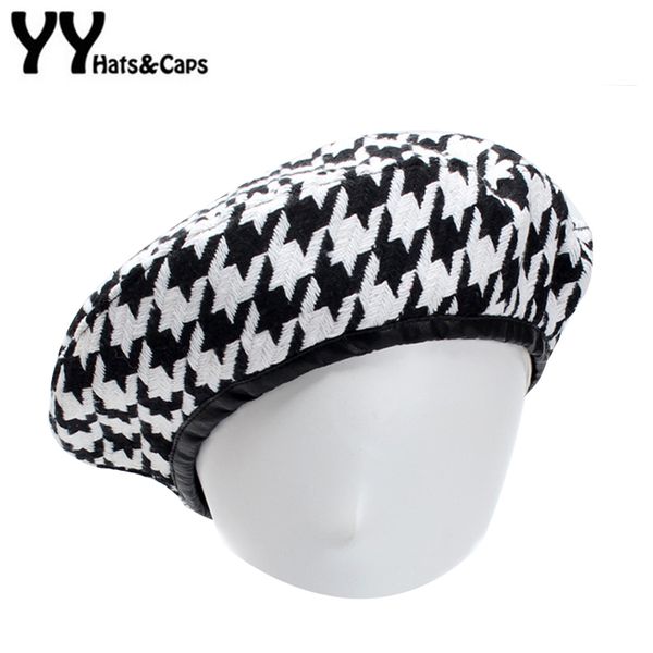 

yy autumn berets cap winter hats for women french houndstooth beret flat cap plaid elegant british style lady painter bonne 1811, Blue;gray