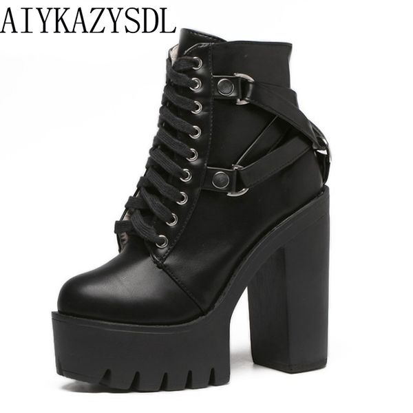 

aiykazysdl gothic cross strap ankle boots women faux leather platform block chunky thick ultra high heel gladiator shoes bootie, Black