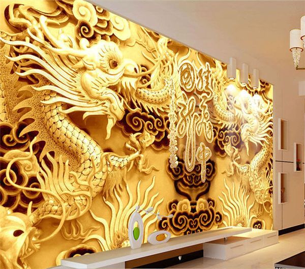 

3d golden dragons p wallpaper woodcut wall mural chinese style wallpaper art room decor kids sofa background wall restaurant decoration