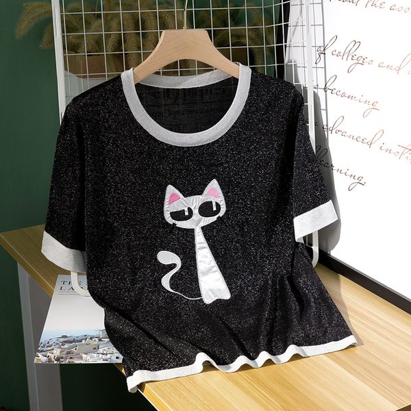 

щепка нить милый кот вязаный футболка женская с коротким рукавом футболки женский 2018 летний новый harajuku футболка camiseta mujer, White