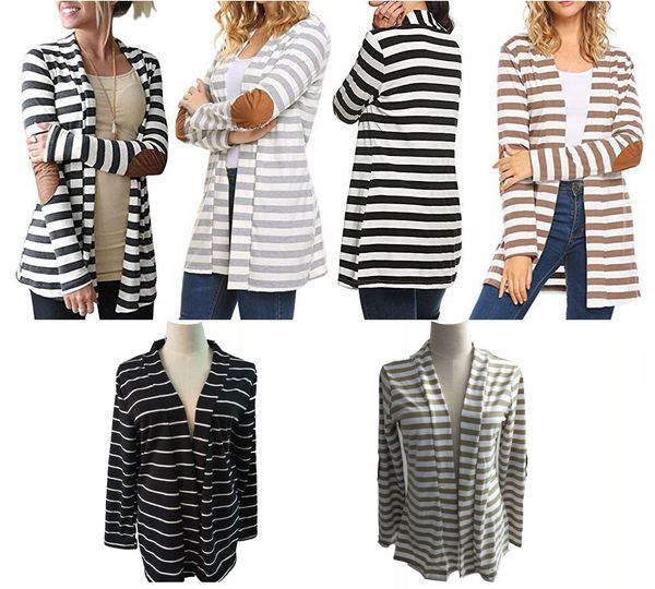 Nuovo 2018 Autunno Capispalla Donna Manica lunga Cardigan stampato a righe Casual Gomito Patchwork Maglione irregolare lavorato a maglia Plus Size