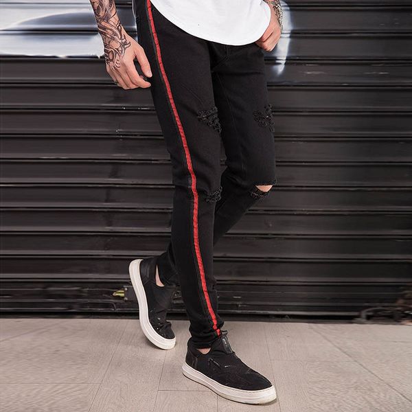 

2018 fashion casual high street hip hop slim men's jeans foot ankle striped ripped hole dance nightclub men's trousers, Blue