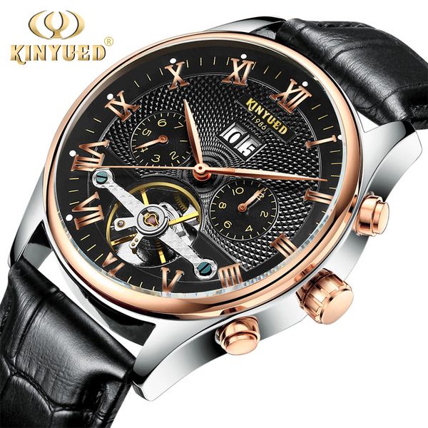 

kinyued automatic mechanical watch men business waterproof fashion brand leather men's watches wrist watch relogio masculino, Slivery;brown