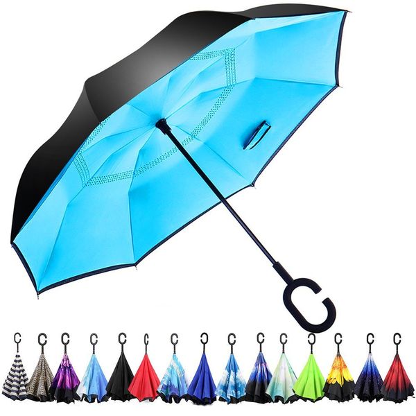 

двойные слои перевернутый зонтики с мешком складной дождя защита ветрозащитной c форма ручки самостоятельно стенд зонтики 39 цвета iu1