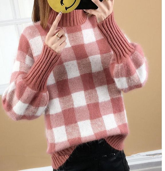 

send autumn winter new style lantern sleeve sweater female thickened high collar set head lattice loose and comfortable knitted coat, White;black