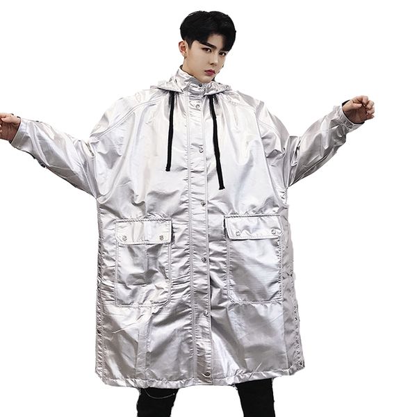 

hip hop casual overcoat male windbreaker men stage costumes long loose silver hooded trench coat streetwear jacket outerwear, Tan;black