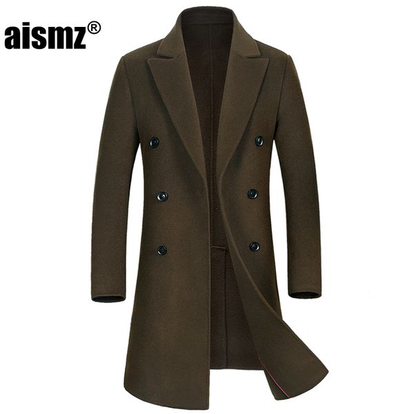

aismz mens double sided wool coat winter cashmere jacket man long section double breasted overcoat casual european style fashion, Black