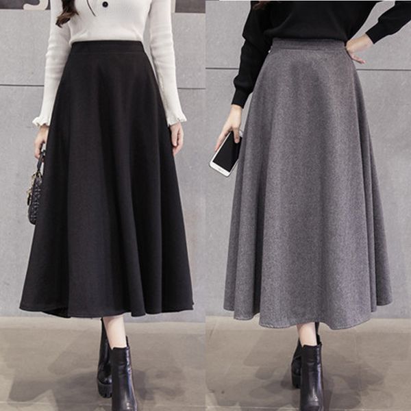 

2018 autumn winter women warm wool korean skirts lady elegant version high waist skirt girls swing long woolen skirts for femme, Black