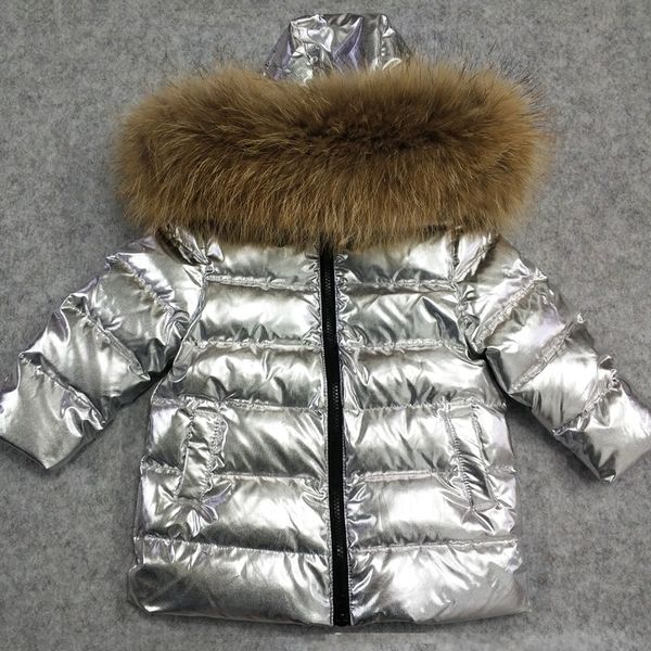 

2018 winter down jacket children long silver clothes boys thick hoodie big nature fur overcoat girls 90% white duck down jacket, Blue;gray
