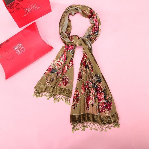 

2018 new vintage flower scarves wrap women's velvet printed shawls cape handmade beaded muffler hijab kerchief shawl
