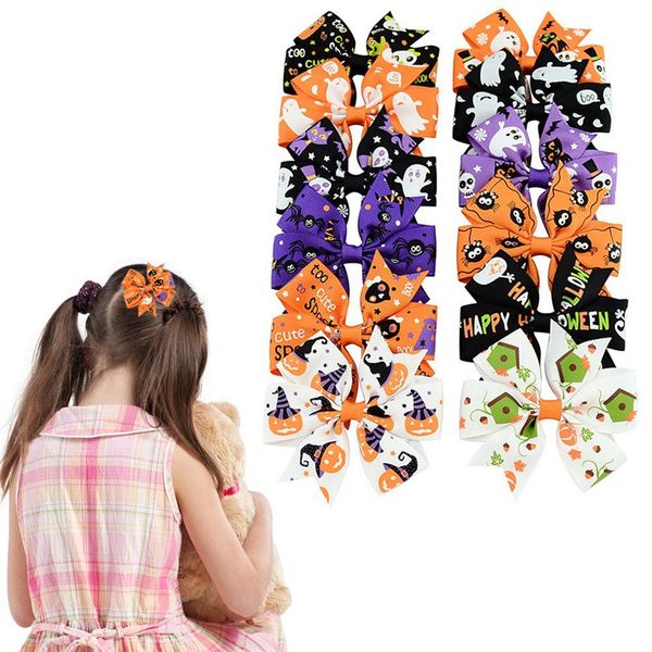 

halloween grosgrain hairpin ribbon bows barrettes baby girls kids ghost pumpkin hair clips hair accessories gifts, Slivery;white