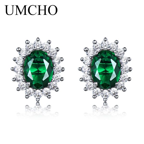 

umcho princess stud earrings created emerald gemstone 925 sterling silver engagement wedding earrings for women fine jewelry, Golden;silver