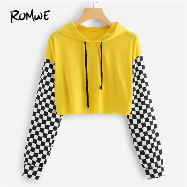 

romwe sport gingham long sleeve drawstring hooded sports women yellow crop t shirt 2018 autumn sportswear gym running tees, Black;blue