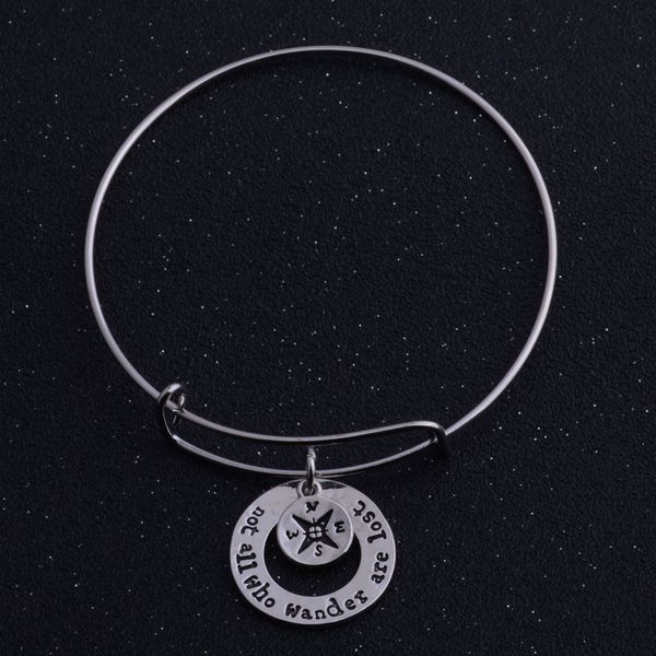 

12 pc/lot not all who wander are lost charms bangle traveler bracelet family compass pendant friends bangles women men jewelry, Black
