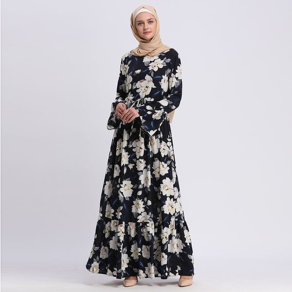 

fashion women printed flower dress long flare sleeve plus size xxl muslim abaya dress middle east dubai turkish islamic clothing, Red