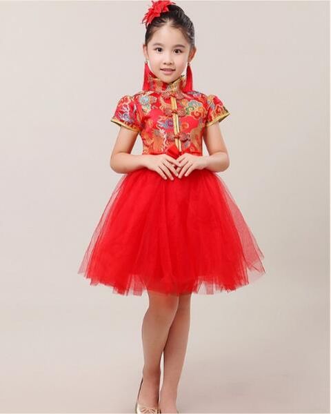 

child chinese wind guzheng performances girls cheongsam dance costume dance dress, Red;yellow