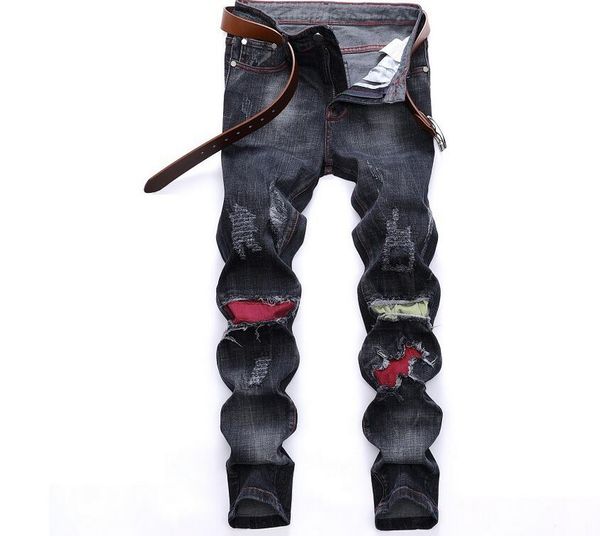 

2018 autumn men's patch hole luxury jeans men jeans slim fit straight denim fat man pants jeans big size 28-42 jb9704, Blue