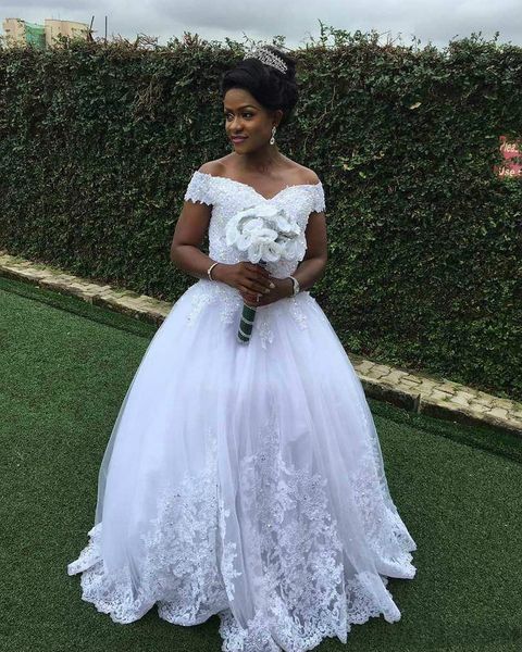 

off-the-shoulder princess tulle wedding dresses 2019 new custom made sweep train applique beads ball gown arabic lace bridal gowns w230, White