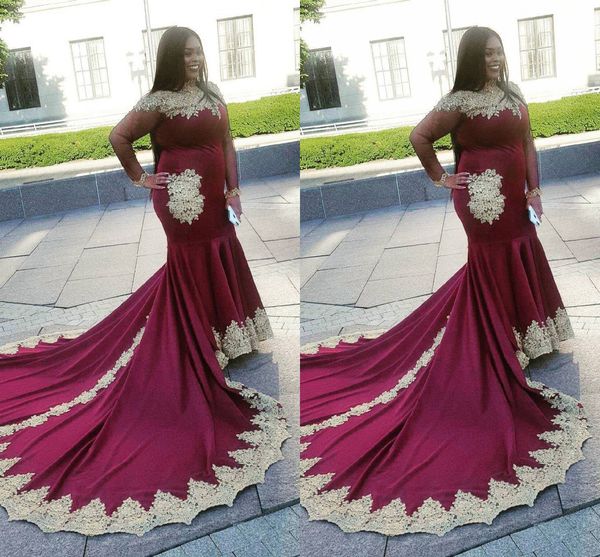 

burgundy african black girls mermaid prom evening dresses long sleeves gold applique formal celebrity dresses evening gowns yousef aljasm, Black;red