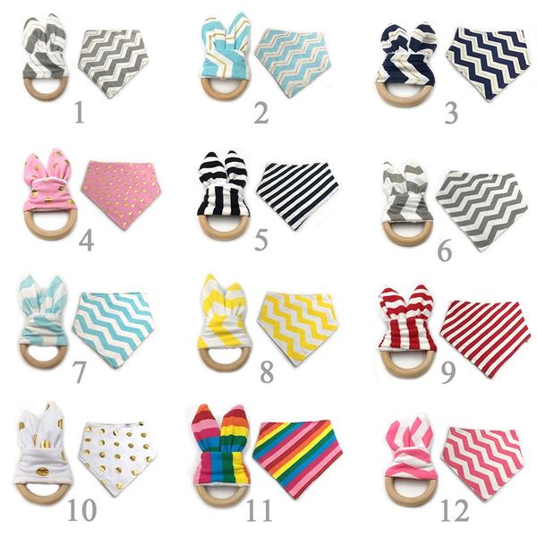 

baby bibs+teeth stick 2pcs/set infant wave pattern burp cloths teething ring wooden teething training infant burp cloths