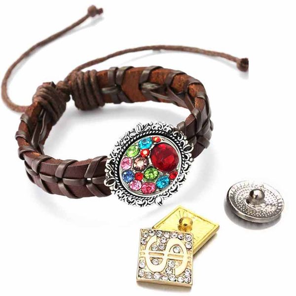 

adjustable bracelet 157 hand woven really leather retro fashion bracelet 18mm snap button jewelry charm jewelry for women gift, Golden;silver