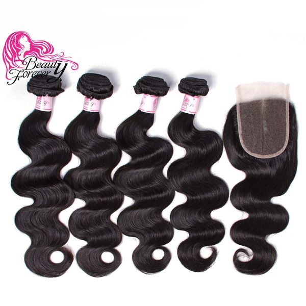 

beauty forever 8a virgin brazilian body wave bundles with closure human hair brazilian hair 4 bundles with lace closure body wave bundles, Black