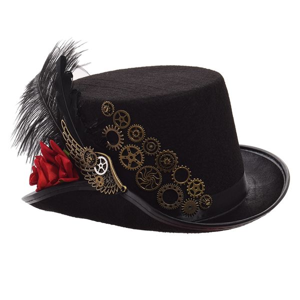 Steampunk Top Hat Men Women Black Rose Gears Feather Fedora Vintage Cosplay Testa indossa 58 cm/61 cm