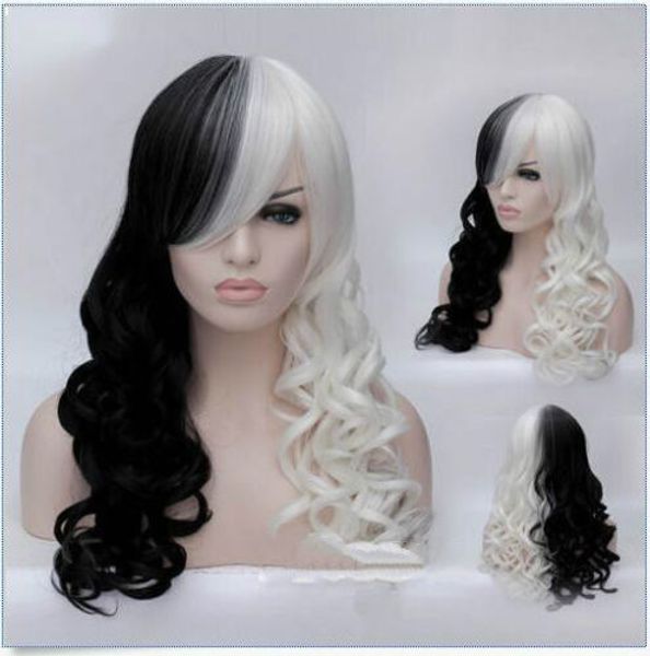 

girl's fashion cosplay wig black white synthetic long curly wigs anime wig+ cap