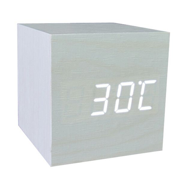 

botique wood cube led alarm control digital desk clock wooden style room temperature white wood white led