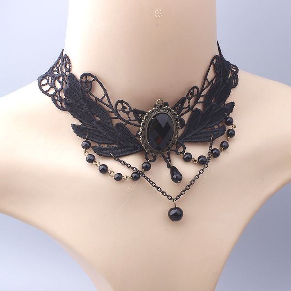 

whole saleselling black lace wings pattern design retro gothic style tassel beads pendant necklace for women jewelry colar 1n546, Golden;silver