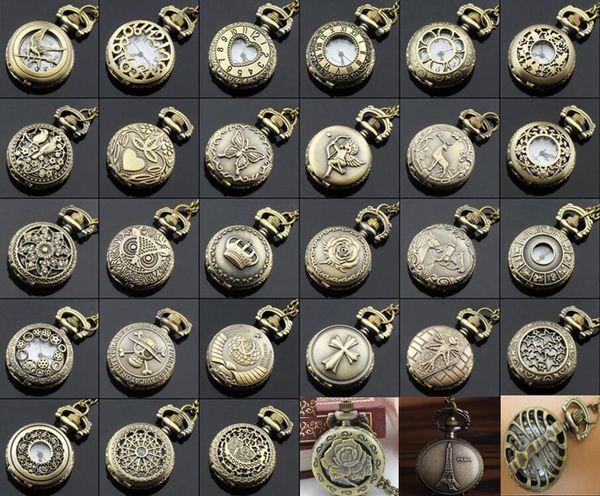

wholesale 100pcs/lot mix 30 designs case dia 2.5cm pendant chain quartz bronze small crown watch pocket watch pw048, Slivery;golden