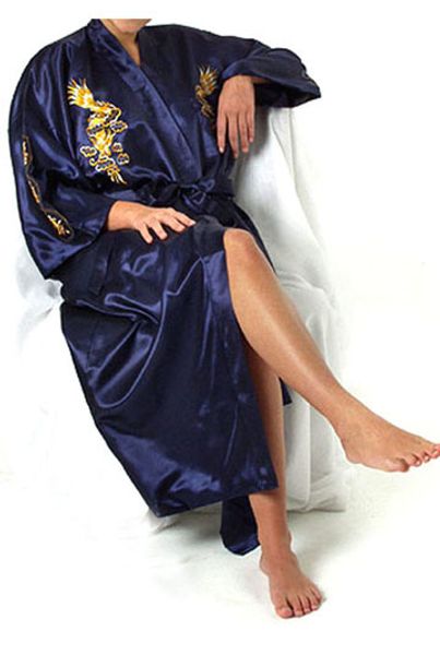Темно-синий китайские женщины шелковый халат ночная рубашка традиционная вышивка Дракон кимоно Банное платье пижамы размер SML XL XXL A136 S1015