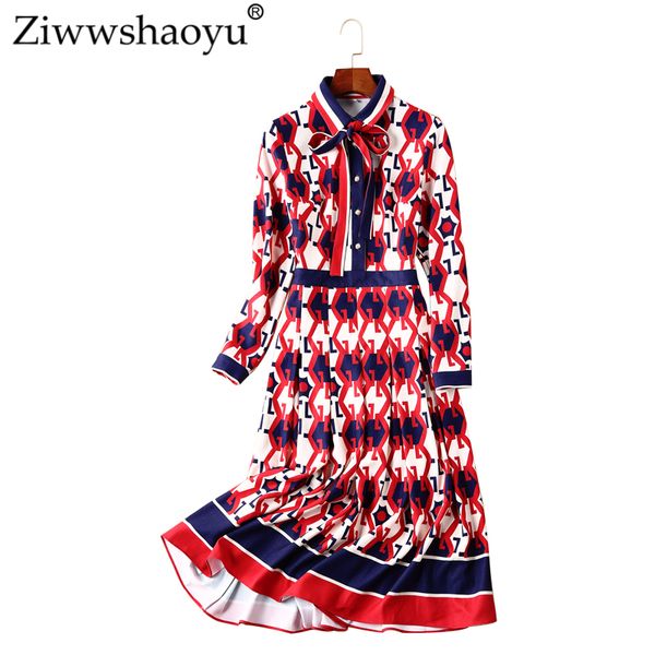 

ziwwshaoyu lndie народные драпированные dressturn-вниз воротник принт бант осень 2018 взлетно-посадочной полосы новый темперамент платье, Black;gray