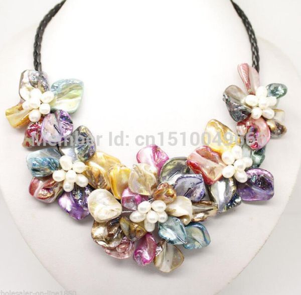 

gt;>>stunning multicolor freshwater pearl sea shell flower leather necklace 18", Silver