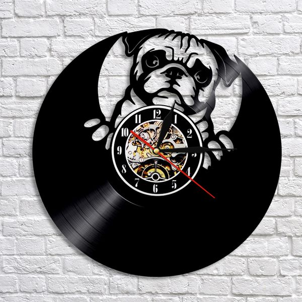 

1piece lovely pug dog silhouette record led wall clock modern design animal puppy clock creative nursery wall art decor