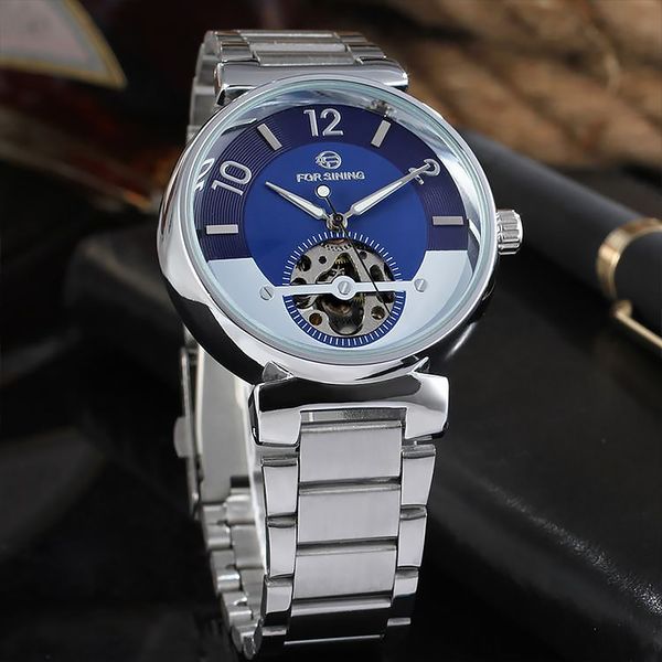 

forsining famous automatic skeleton watches men blue dial skull ocean auto gold mechanical wrist watch gift clocks, Slivery;brown