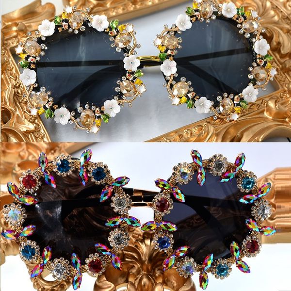 

new retro vintage sunglasses metal flower baroque sunglasses crystal rhinestone round sunglasses luxury sunny beach glasses ing, White;black