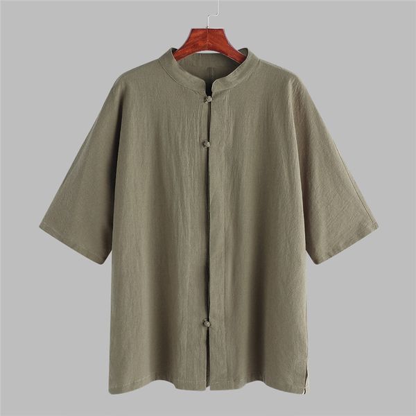 

2018 new men's shirts vintage button stand collar half sleeve tang suit solid male 100% cotton retro loose shirt plus size, White;black